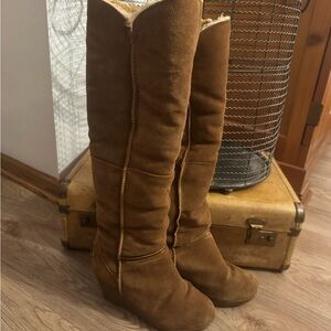 Brown Suede Knee-High Wedge Boots Bearpaw